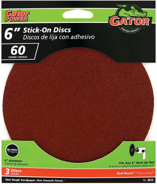 Gator 3012 Sanding Disc, 6 in Dia, 60 Grit, Coarse, Aluminum Oxide Abrasive, Pressure-Sensitive Adhesive Backing [SKU: ORG4724795]