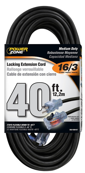 PowerZone ORECPL502628 Extension Cord, 40 ft Cable, 40 ft L, 13 A, 125 V, Black [SKU: ORG8904187]