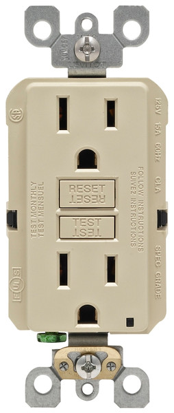 Leviton R01-GFNT1-0KI GFCI Duplex Receptacle, 2 -Pole, 15 A, 125 V, Back, Side Wiring, NEMA: 5-15R, Ivory [SKU: ORG4811535]