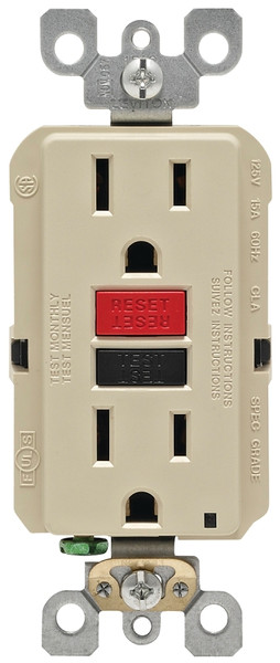 Leviton R71-GFNT1-0RI GFCI Duplex Receptacle, 2 -Pole, 15 A, 125 V, Back, Side Wiring, NEMA: 5-15R, Ivory [SKU: ORG7059108]