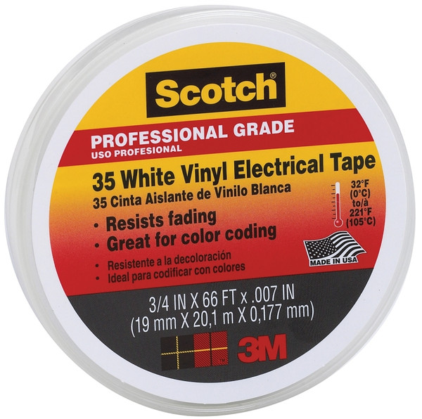 Scotch 10828-DL-2W Electrical Tape, 66 ft L, 3/4 in W, PVC Backing, White [SKU: ORG6784557]