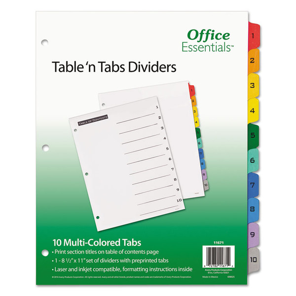 Table 'n Tabs Dividers, 10-Tab, 1 to 10, 11 x 8.5, White, Assorted Tabs, 1 Set [SKU: AVE11671]