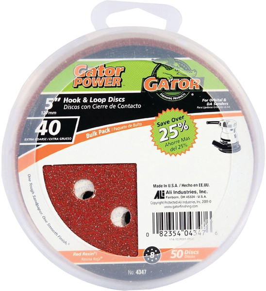 Gator 4347 Sanding Disc, 5 in Dia, 40 Grit, Extra Coarse, Aluminum Oxide Abrasive, Vented [SKU: ORG3581691]