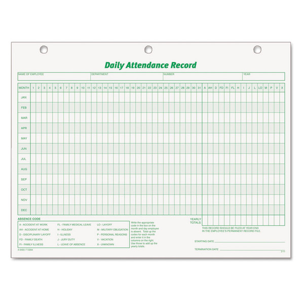 Daily Attendance Card, One-Part (No Copies), 11 x 8.5, 50 Forms Total [SKU: TOP3284]