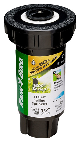 Rain Bird 1800 1802HV15PR Pressure Regulated Pop-Up Sprinkler, 1/2 in Connection, FNPT, 2 in H Pop-Up, 15 ft [SKU: ORG4719845]