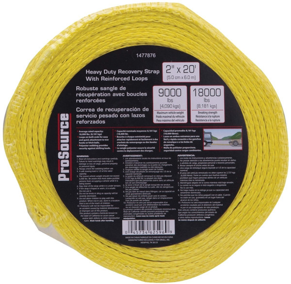 ProSource FH64062 Recovery Strap, 18,000 lb, 2 in W, 20 ft L, Polyester, Yellow [SKU: ORG1477876]