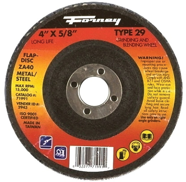 Forney 71991 Flap Disc, 4 in Dia, 5/8 in Arbor, 36 Grit, Medium, Zirconia Aluminum Abrasive, Fiberglass Backing [SKU: ORG8912040]