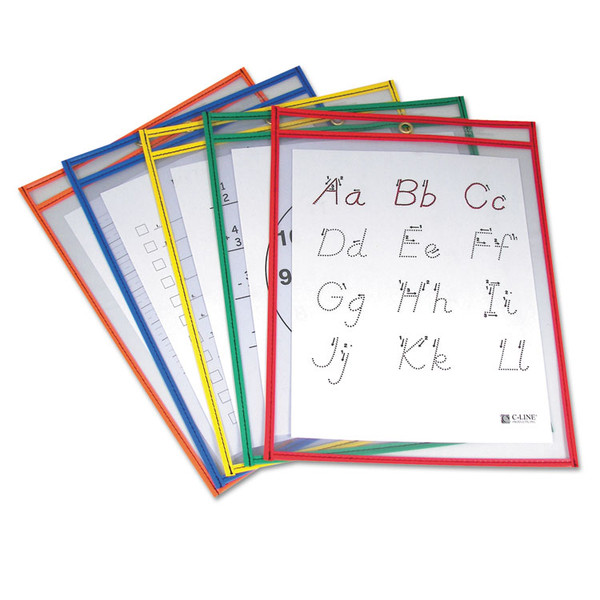 Reusable Dry Erase Pockets, 9 x 12, Assorted Primary Colors, 5/Pack [SKU: CLI40630]