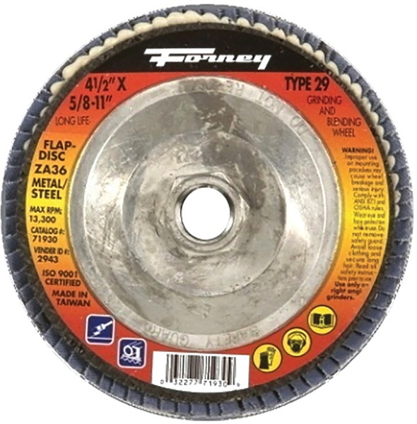 Forney 71930 Flap Disc, 4-1/2 in Dia, 5/8-11 Arbor, 36 Grit, Medium, Zirconia Aluminum Abrasive [SKU: ORG8911968]