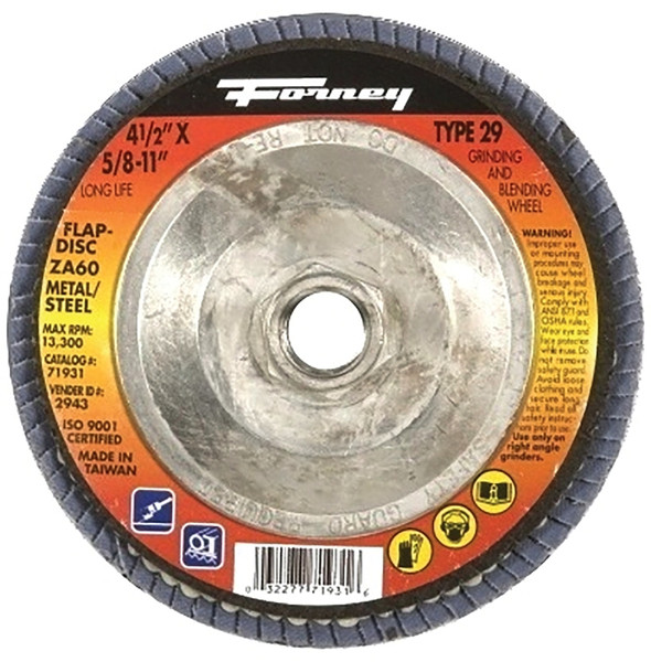 Forney 71931 Flap Disc, 4-1/2 in Dia, 5/8-11 Arbor, 60 Grit, Medium, Zirconia Aluminum Abrasive [SKU: ORG8911976]