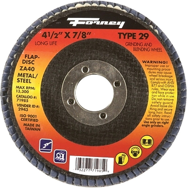 Forney 71927 Flap Disc, 4-1/2 in Dia, 7/8 in Arbor, 60 Grit, Medium, Zirconia Aluminum Abrasive [SKU: ORG8911950]