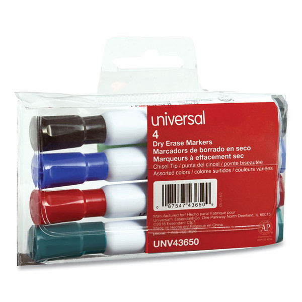 Dry Erase Marker, Broad Chisel Tip, Assorted Colors, 4/Set [SKU: UNV43650]