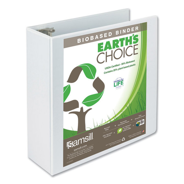 Earth's Choice Biobased Round Ring View Binder, 3 Rings, 4" Capacity, 11 x 8.5, White [SKU: SAM18997]