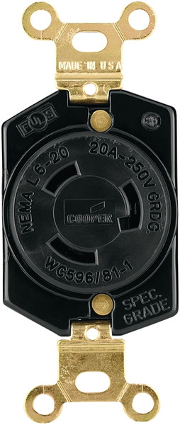 Eaton Wiring Devices L620R Single Receptacle, 2 -Pole, 250 V, 20 A, Back and Side Wiring, NEMA: NEMA L6-20, Black [SKU: ORG6730287]
