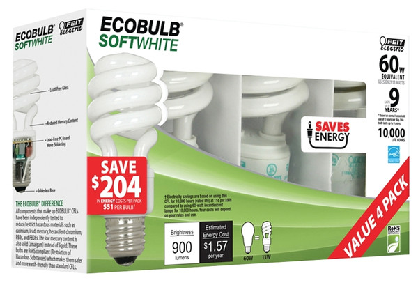 Feit Electric ESL13T/4 Compact Fluorescent Bulb, 13 W, Spiral Lamp, Medium E26 Lamp Base, 900 Lumens, 2700 K Color Temp [SKU: ORG2858793]