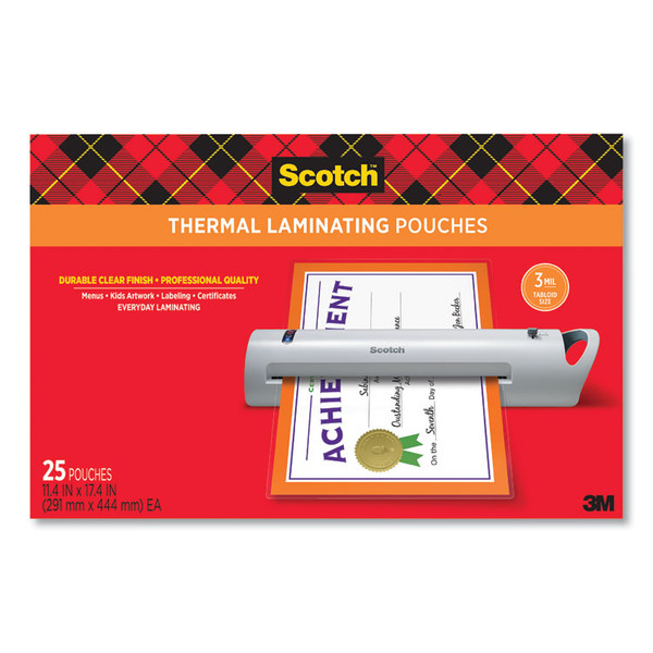 Laminating Pouches, 3 mil, 11.5" x 17.5", Gloss Clear, 25/Pack [SKU: MMMTP385625]
