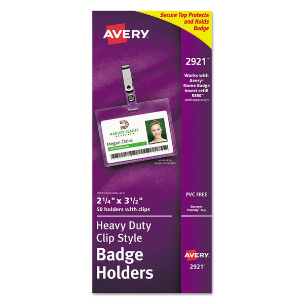 Secure Top Clip-Style Badge Holders, Horizontal, 2 1/4 x 3 1/2, Clear, 50/Box [SKU: AVE2921]