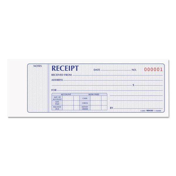 Receipt Book, Two-Part Carbonless, 7 x 2.75, 4 Forms/Sheet, 100 Forms Total [SKU: RED8L800]