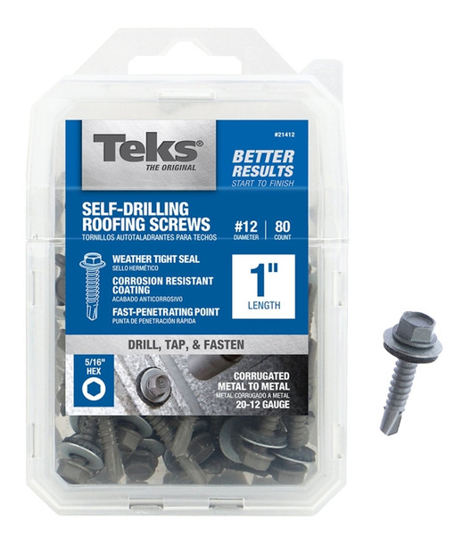 Teks 21412 Roofing Screw, #12 Thread, Coarse Thread, Hex Drive, Drill Point, Steel, Zinc [SKU: ORG2169001]