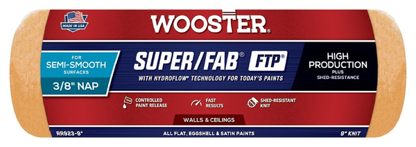 WOOSTER RR923-9 Paint Roller Cover, 3/8 in Thick Nap, 9 in L, Fabric Cover, Lager [SKU: ORG7613748]
