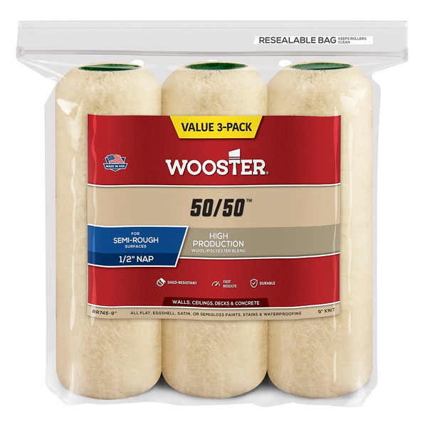 WOOSTER 50/50 RR745-9 Roller Cover, 1/2 in Thick Nap, 9 in L, Lambswool/Polyester Cover, Cream [SKU: ORG7614472]