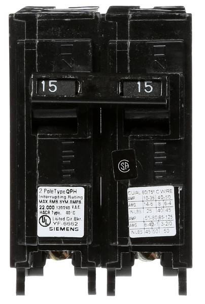 Siemens Q215 Circuit Breaker, 15 A, 2 -Pole, 120/240 V, Plug Mounting [SKU: ORG7413909]