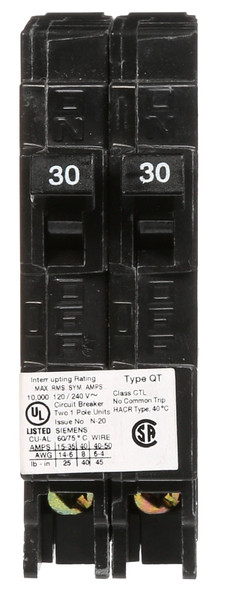 Siemens Q3030 Circuit Breaker, Low Voltage, QT, 30 A, 1 -Pole, 120 VAC, Plug Mounting [SKU: ORG7413719]