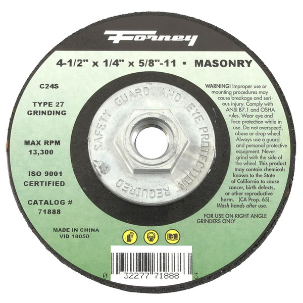 Forney 71888 Grinding Wheel, 4-1/2 in Dia, 1/4 in Thick, 5/8-11 Arbor, C24S-BF Grit, Silicon Carbide Abrasive [SKU: ORG8926446]