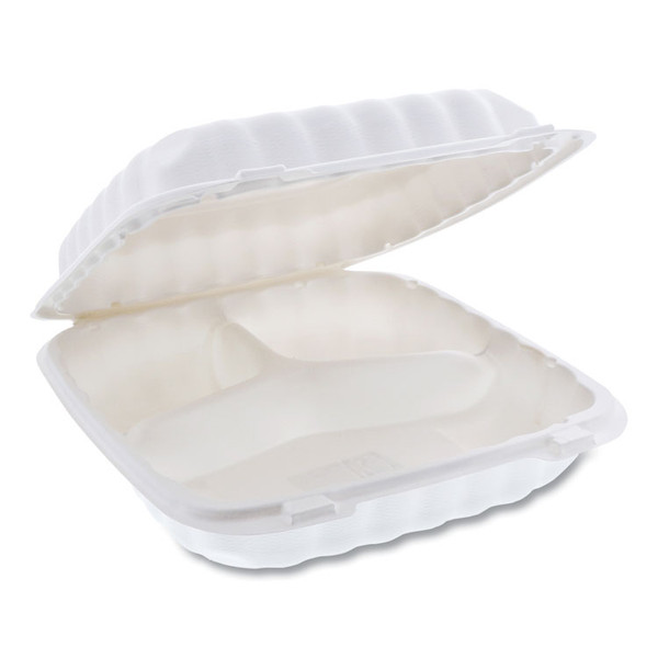 EarthChoice SmartLock Microwavable MFPP Hinged Lid Container, 3-Compartment, 9 x 9 x 3.1, White, Plastic, 120/Carton [SKU: PCTYCN80903]