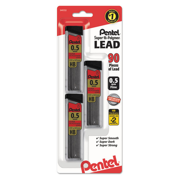 Super Hi-Polymer Lead Refills, 0.5 mm, HB, Black, 30/Tube, 3 Tubes/Pack [SKU: PENC25BPHB3K6]