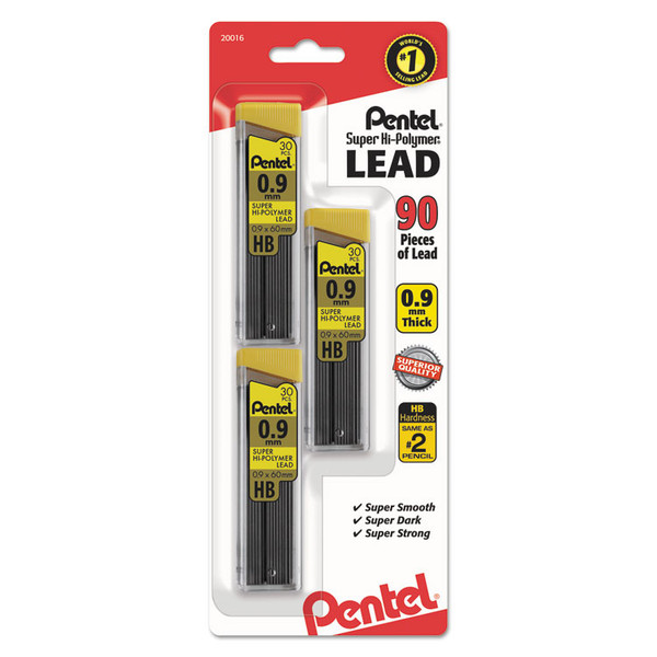 Super Hi-Polymer Lead Refills, 0.9 mm, HB, Black, 30/Tube, 3 Tubes/Pack [SKU: PENC29BPHB3]