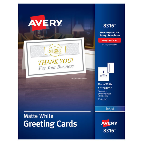 Half-Fold Greeting Cards with Matching Envelopes, Inkjet, 85 lb, 5.5 x 8.5, Matte White, 1 Card/Sheet, 30 Sheets/Box [SKU: AVE8316]