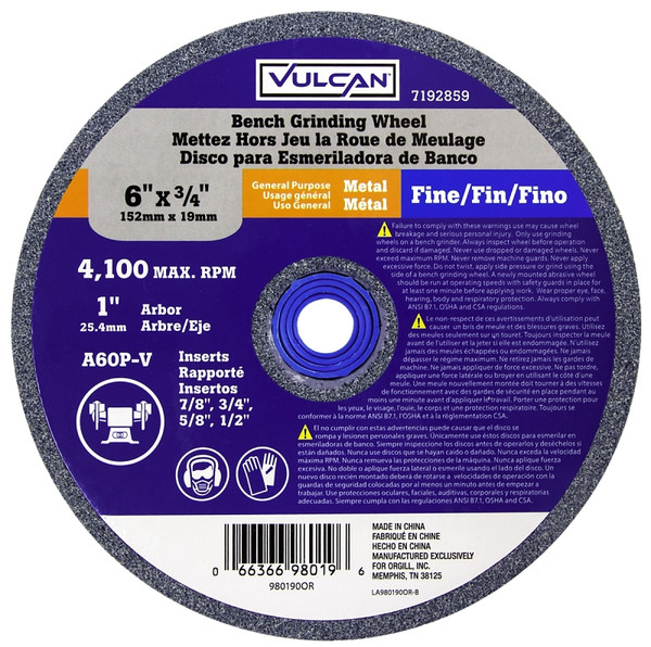 Vulcan 980190OR Straight Bench Grinding Wheel, 6 in Dia, 1 in Arbor, 60 Grit, Fine, Aluminum Oxide Abrasive [SKU: ORG7192859]