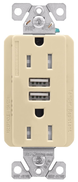 Eaton Cooper Wiring TRUSB5A15 TRUSB5A15V-K-L Receptacle, 2 -Pole, 5 A, 125 VAC, 2 -USB Port, Type A USB, Ivory [SKU: ORG4896353]