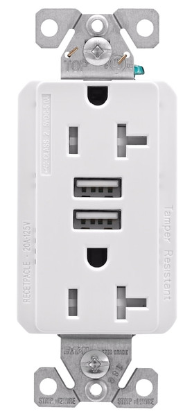 Eaton Cooper Wiring TRUSB5A20 TRUSB5A20W-K-L Receptacle, 2 -Pole, 5 A, 125 VAC, 2 -USB Port, Type A USB, White [SKU: ORG4896387]
