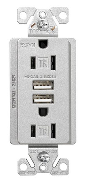 Arrow Hart TR7755SG-K-L Combination USB Receptacle, 2 -Pole, 3.1 A USB, 15 A Receptacle, 2 -USB Port, Silver Granite [SKU: ORG1452937]