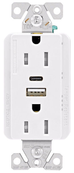 Eaton Cooper Wiring TRUSBAC15 TRUSBAC15W-K-L Receptacle, 2 -Pole, 5 A, 125 VAC, 2 -USB Port, Type A, C USB, White [SKU: ORG4896361]