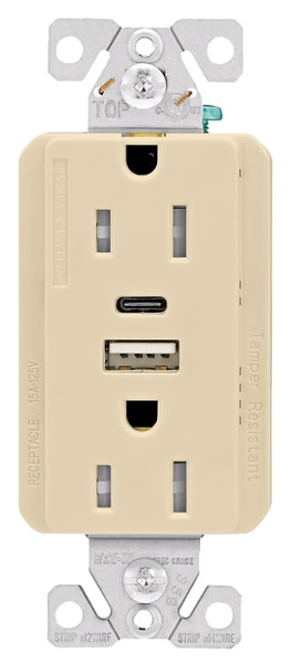 Eaton Cooper Wiring TRUSBAC15 TRUSBAC15V-K-L Receptacle, 2 -Pole, 5 A, 125 VAC, 2 -USB Port, Type A, C USB, Ivory [SKU: ORG4896379]