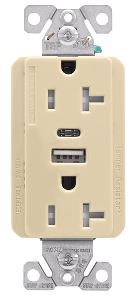 Eaton Cooper Wiring TRUSBAC20 TRUSBAC20V-K-L Receptacle, 2 -Pole, 5 A, 125 VAC, 2 -USB Port, Type A, C USB, Ivory [SKU: ORG4896411]
