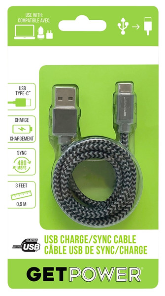 GetPower GP-USB-BRC Charge and Sync Cable, USB 2.0 A, USB-C, 3 ft L [SKU: ORG4775946]