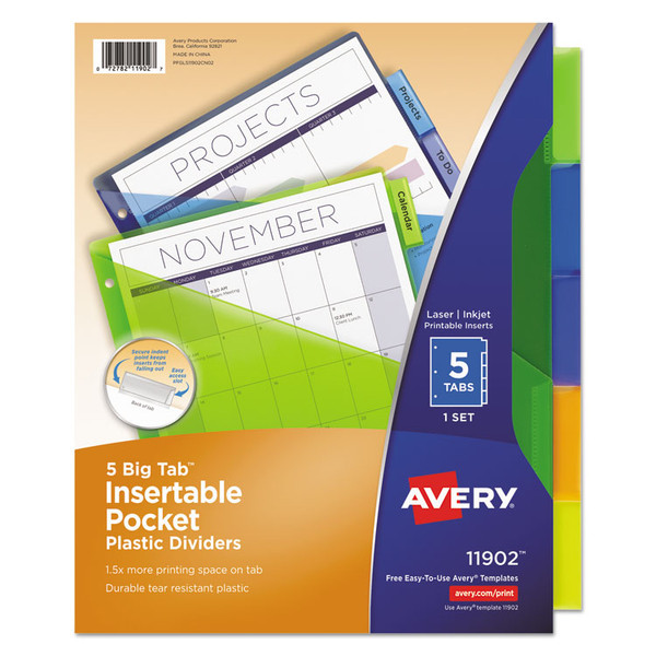 Insertable Big Tab Plastic 1-Pocket Dividers, 5-Tab, 11.13 x 9.25, Assorted, 1 Set [SKU: AVE11902]