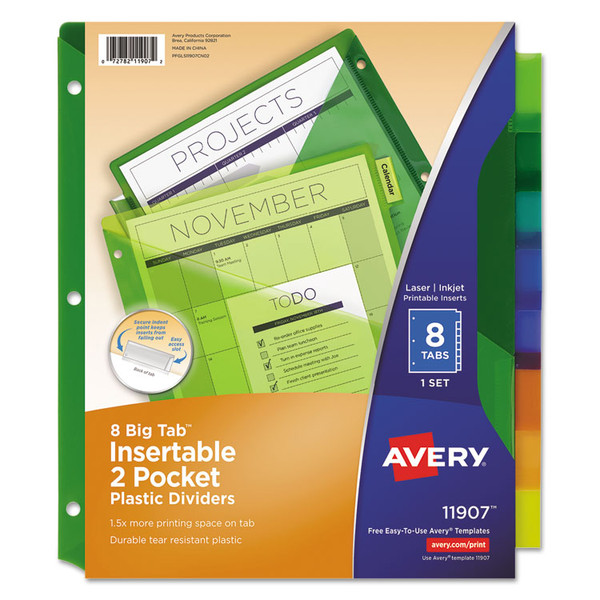 Insertable Big Tab Plastic 2-Pocket Dividers, 8-Tab, 11.13 x 9.25, Assorted, 1 Set [SKU: AVE11907]