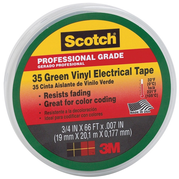 Scotch 10851-DL-10 Electrical Tape, 66 ft L, 3/4 in W, PVC Backing, Green [SKU: ORG6784532]