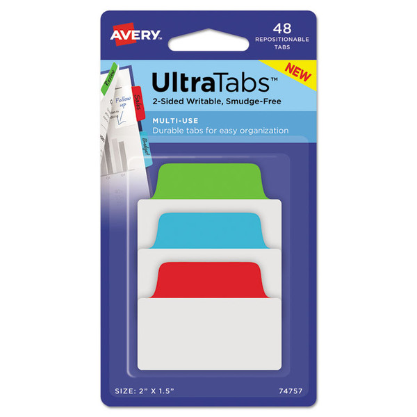 Ultra Tabs Repositionable Tabs, Standard: 2" x 1.5", 1/5-Cut, Assorted Colors (Blue, Green and Red), 48/Pack [SKU: AVE74757]