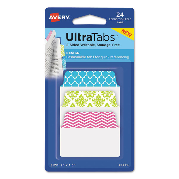 Ultra Tabs Repositionable Tabs, Fashion Patterns: 2" x 1.5", 1/5-Cut, Assorted Colors, 24/Pack [SKU: AVE74774]
