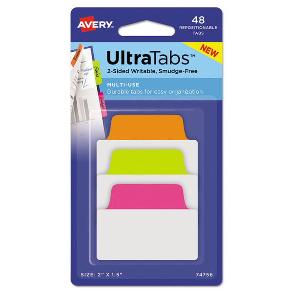 Ultra Tabs Repositionable Tabs, Standard: 2" x 1.5", 1/5-Cut, Assorted Neon Colors, 48/Pack [SKU: AVE74756]