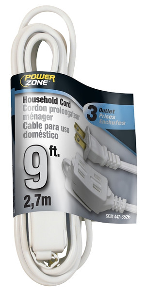 PowerZone Extension Cord, 16 AWG Cable, 9 ft L, 13 A, 125 V, White [SKU: ORG4473526]