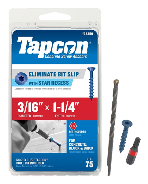 Buildex Tapcon 28350 Concrete Screw Anchor, 3/16 in Dia, 1-1/4 in L, Steel, Climaseal [SKU: ORG4635942]