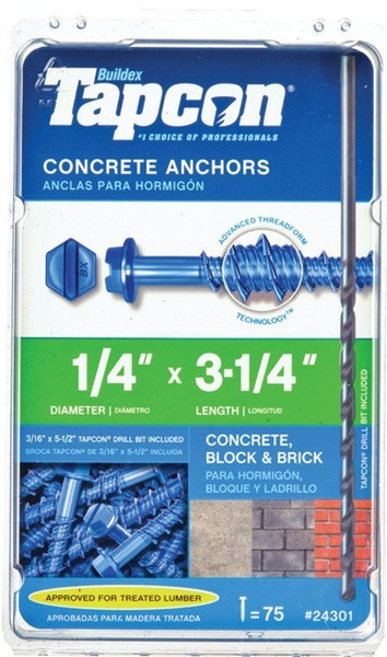 Buildex Tapcon 24301 Screw Anchor, Hex, Phillips, Slotted Drive, Steel, Climaseal [SKU: ORG1006394]