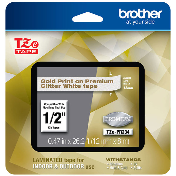 TZe Premium Laminated Tape, 0.94" x 26.2 ft, Gold on White [SKU: BRTTZEPR234]